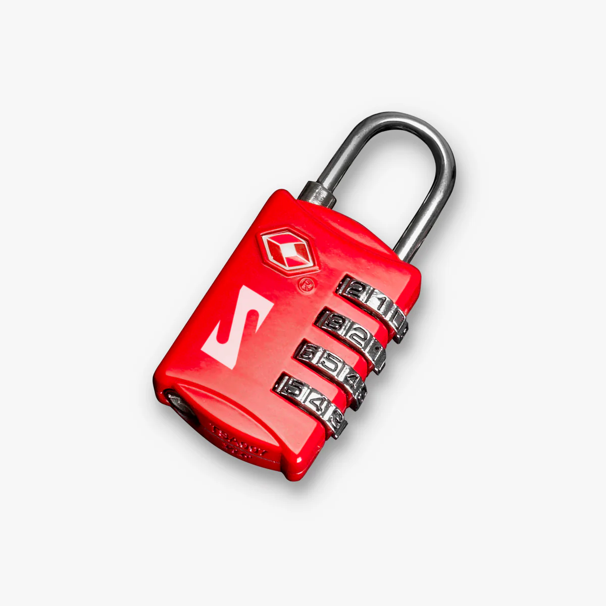 Red Scicon TSA luggage padlock with keyhole and combination dial for secure travel baggage protection.