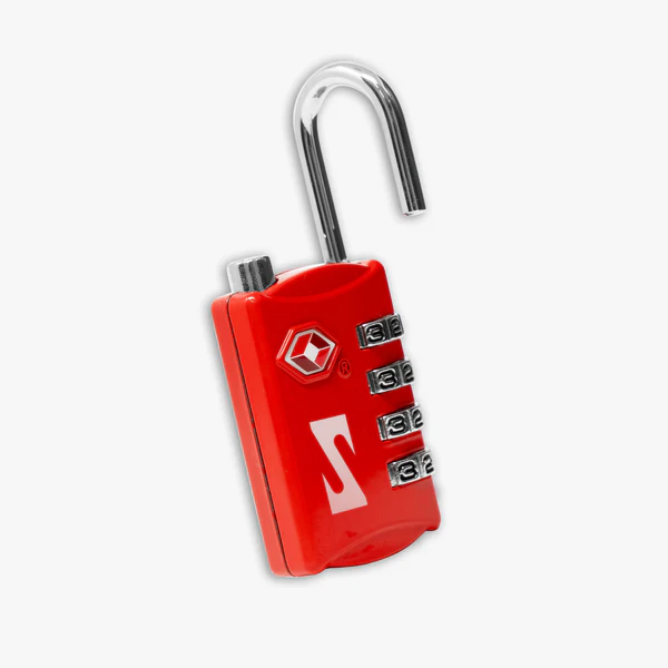 Red Scicon TSA luggage padlock with key and combination dials for secure travel, visible with keyhole and brand logo.