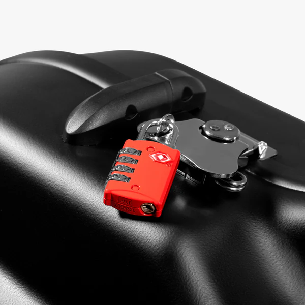 Red Scicon TSA luggage padlock with key lock and TSA logo for secure travel security on suitcases and bags.