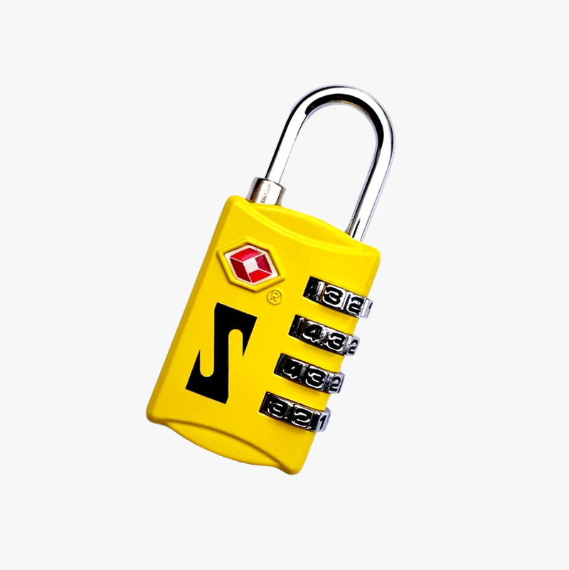 Red Scicon TSA luggage padlock with secure keyhole and combination dials for travel security