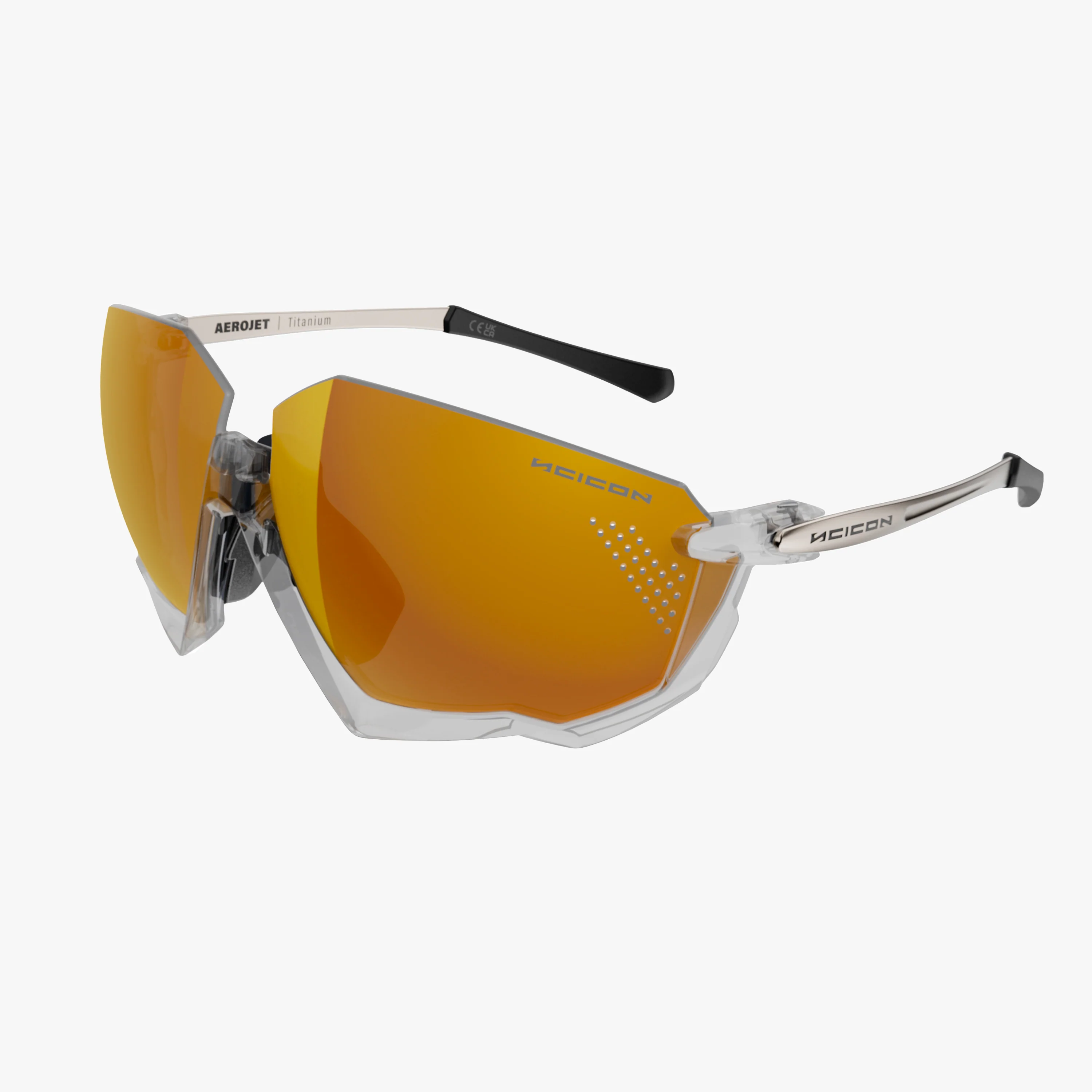 Scicon Aerojet Titanium eyewear with yellow fluorescent and blue mirror lenses, lightweight aerospace titanium frames.