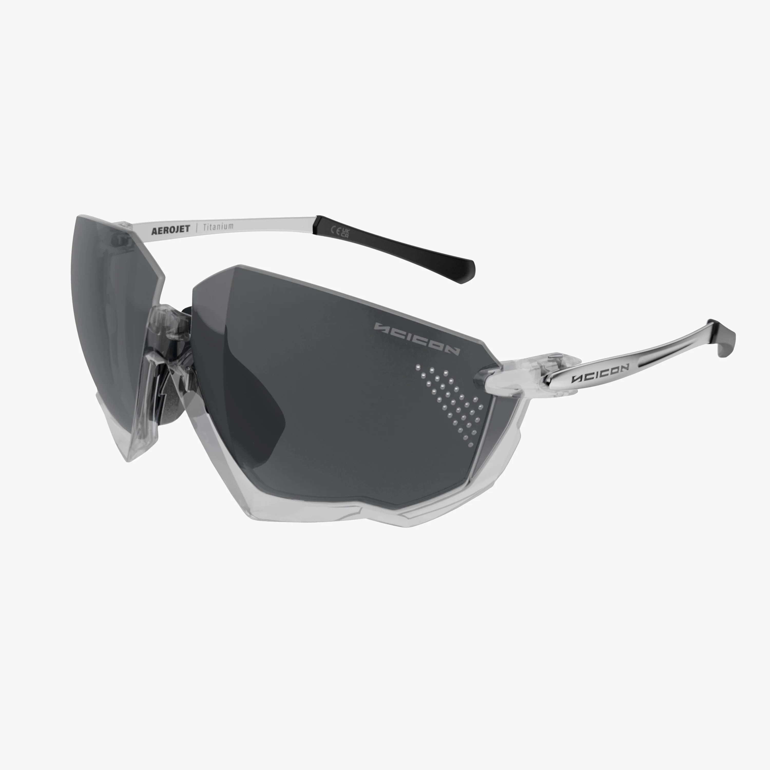 Scicon Aerojet Titanium Eyewear with yellow fluorescent and blue mirror lenses, lightweight aerospace titanium frames.